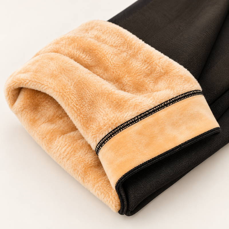 Close-up of peach-beige fleece lining and black stitched edge