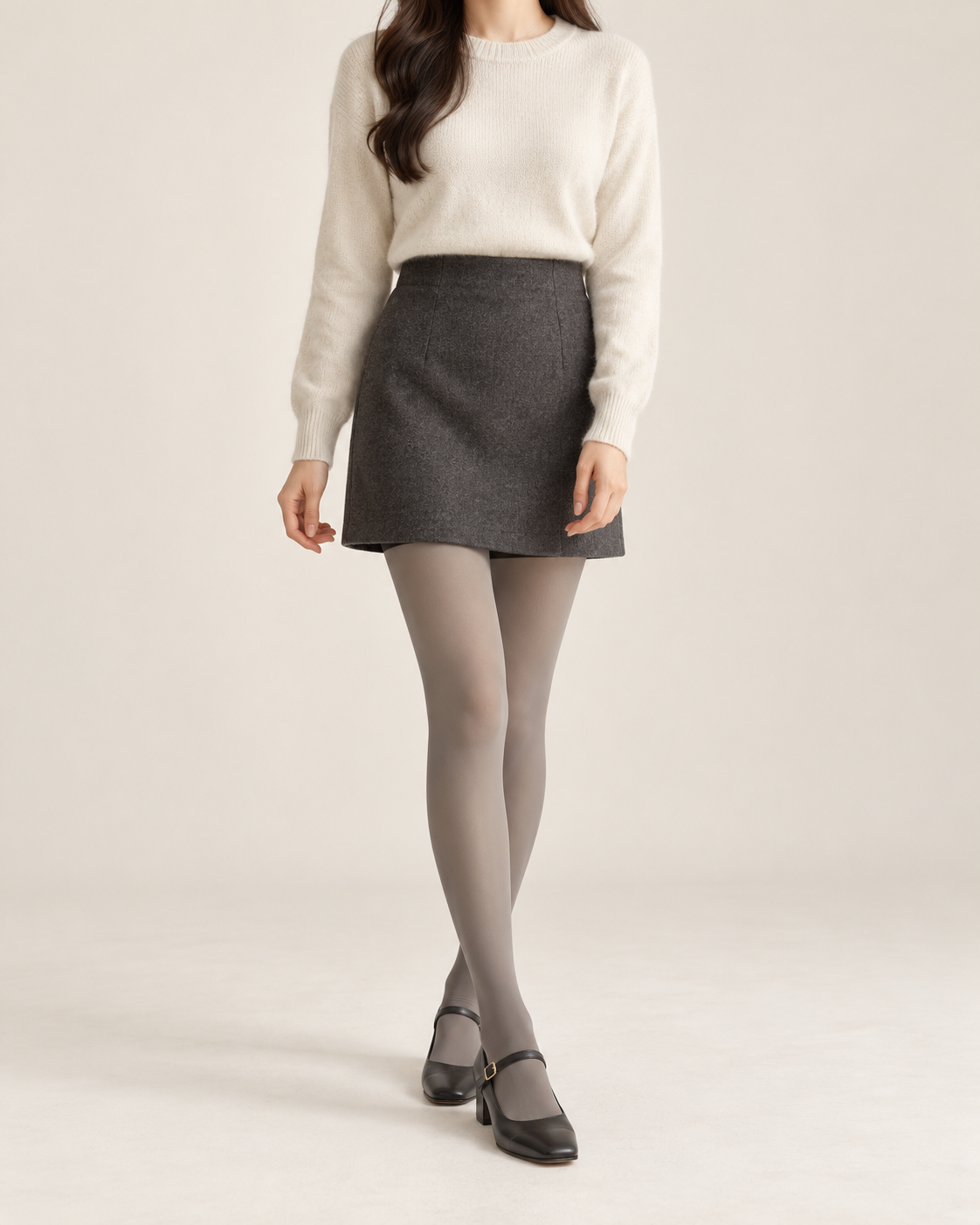 Smoke gray sheer-look tights styled with an ivory sweater and charcoal skirt